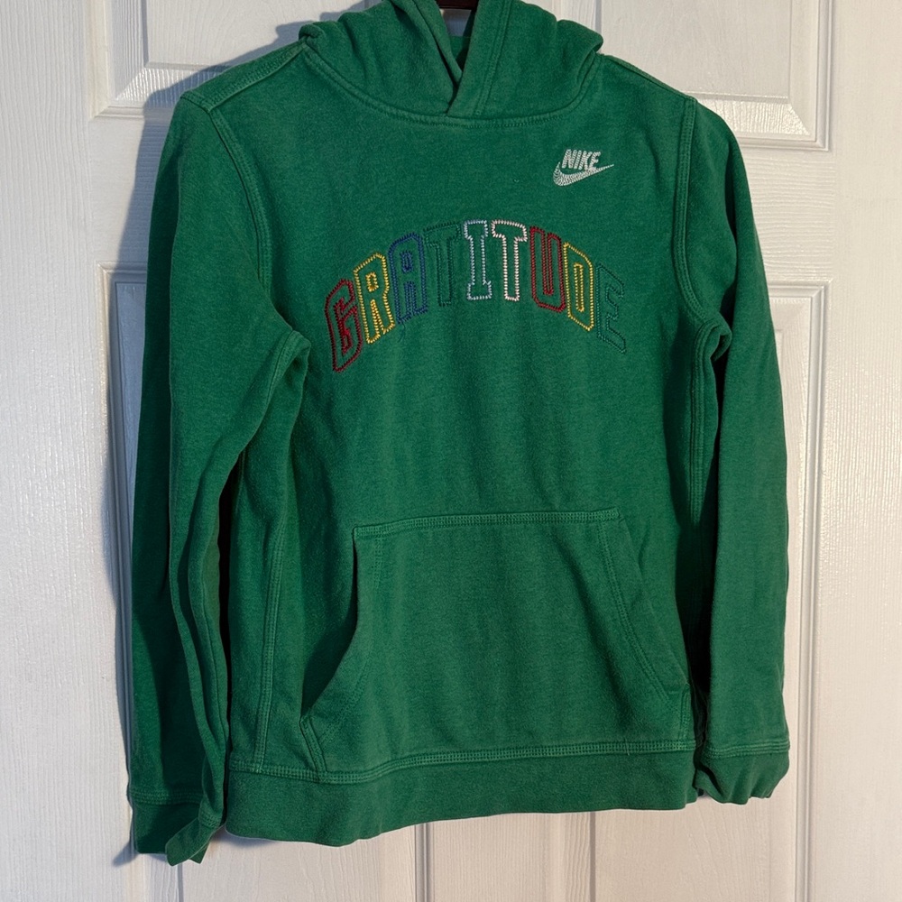 Nike Kids Hoodie in Green with Multicolor 'Gratitude' Design